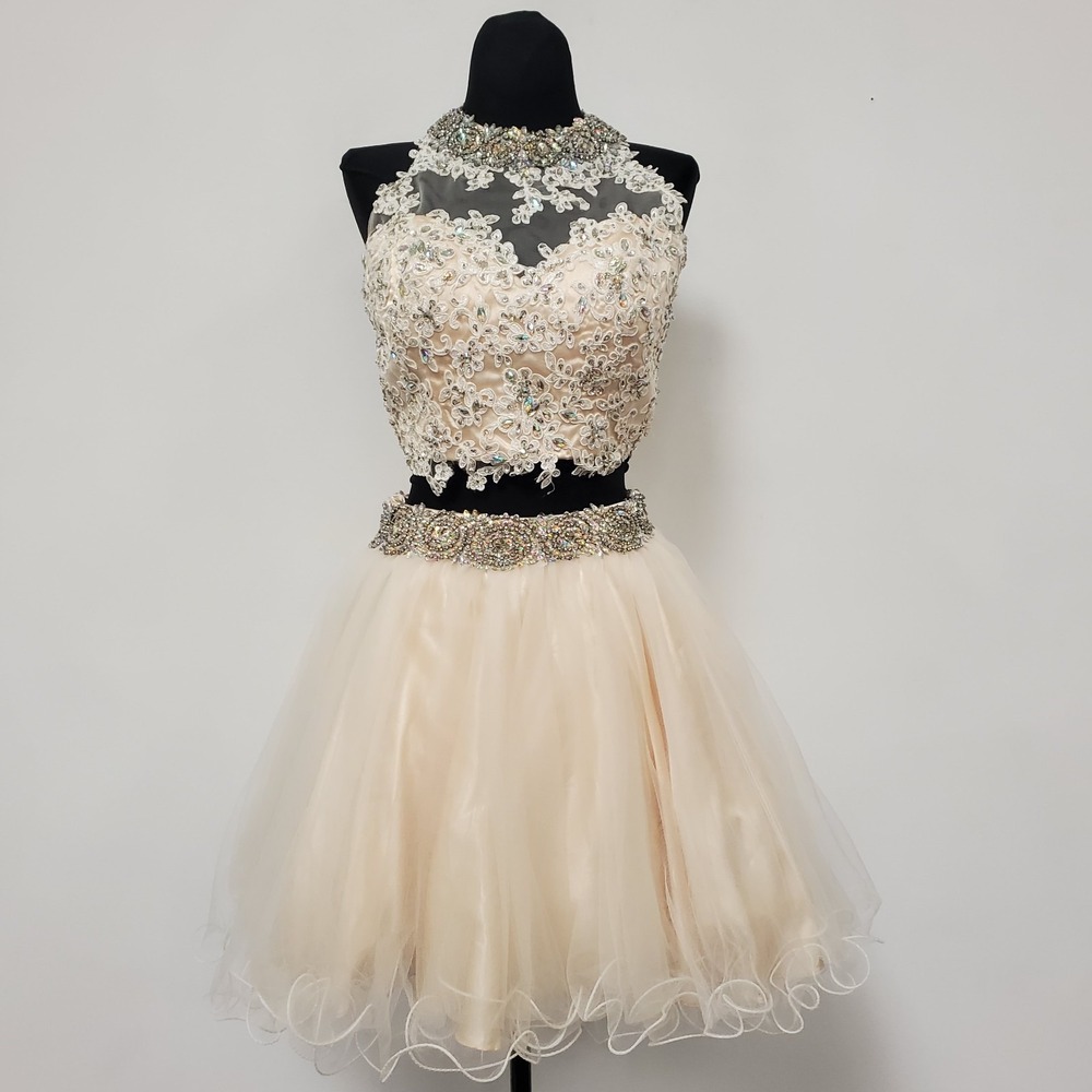 Alyce Paris Womens Two Piece Bling Formal Dress Size 4 Ivory Beaded Hoco Prom